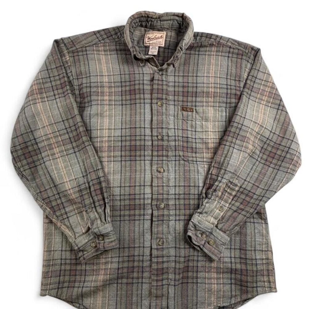 Woolrich Flannel Shirt Mens M Green Plaid Button Down 100% Cotton Outdoor Hiking